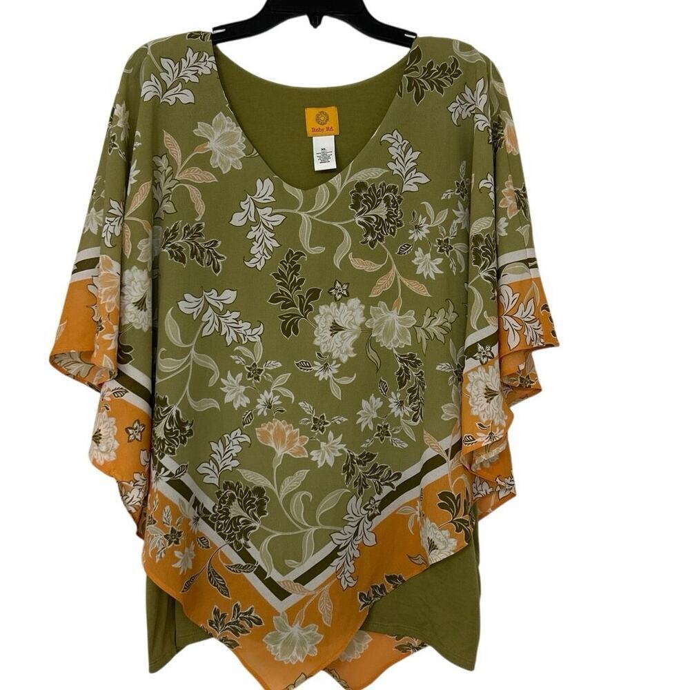 Ruby Red Green Floral Asymmetrical Cape Style V Neck Top Garden Fairy Boho XL